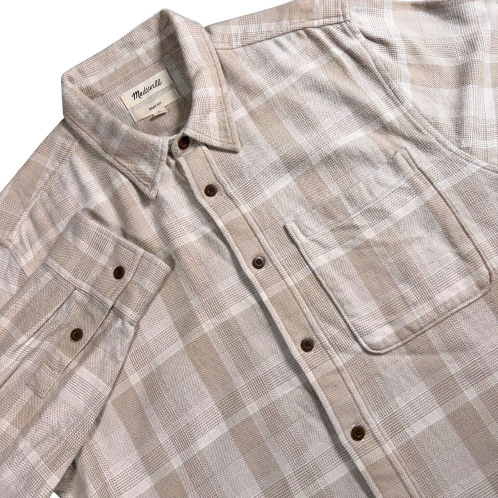Madewell Easy Fit Sunday Flannel Shirt Men L Beige Plaid Long Sleeve Pocket